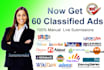 post your ads on 60 classified sites by manual