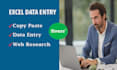 do excel data entry, copy paste, PDF to excel, web research, and typing