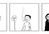 draw a simple black and white 3 panel comic
