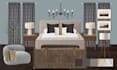 create a cozy modern bedroom design with layout and mood board