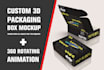 do 3d box mockup and 360 animation, box design, product packaging, mailer box