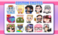 custom animated twitch kick emotes chibi, emoji, badges, pngtuber, discord, bulk