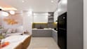 render 3d interior design for apartment, kitchen, and bathroom