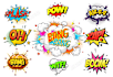 design comic logo, comic text, pop art, hashtag and slogans