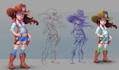 create 2d character design concept, sketch, flat color, render