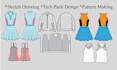 design clothing apparel technical flats sketch and pattern