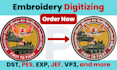 do professional embroidery digitizing to dst pes exp in 1hr