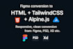 convert figma to react, next js, tailwind, shadcn alpine js