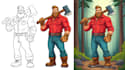 sketch, outline and color cartoon illustrations