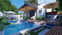 design landscape, backyard, pool, garden, deck, and patio