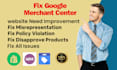 reactive and fix google merchant center misrepresentation