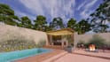 design garden landscape, backyard, patio, fireplace and 3d rendering