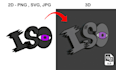 convert 2d design to 3d, 2d logo svg, jpg, png to glb file