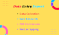 do data collection, web research, PDF conversion, web scrapping