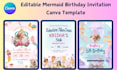 mermaid birthday invite canva templates ,editable