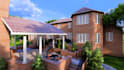 render 3d front backyard, outdoor living deck, garage carport, sauna, courtyard