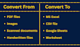 convert PDF, image, scanned documents into CSV file, excel, google sheets