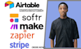 setup airtable integrate webflow with zapier, softr, hubspot,make com and stripe