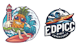 design mascot cartoon logo with coconut beach tree surfing
