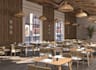 render 2d floor plan to modern desert resort restaurant, cgi cafe interior decor