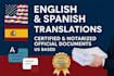 do certified and notarized translation in spanish, english, french, german USA