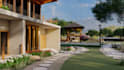 design backyard landscape, garden, patio, pool, outdoor kitchen and 3d render