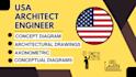 do USA stamp architectural drawings, concept diagram and axonometric