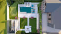 design a modern backyard landscape with pool, patio and garden
