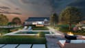 design a modern backyard landscape with pool, patio and garden