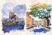 paint landscape and architechtural structure with watercolor