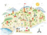custom watercolor map illustration with landmarks, wedding
