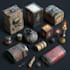 illustrate 2d game UI assets, objects, props, button design