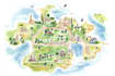 custom watercolor map illustration with landmarks, wedding