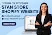 design redesign stan store shopify website product listing seo payment setup