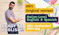 write articles or blog posts in english and spanish