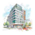 sketch architecture building with watercolor rendering