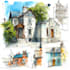 drawing line art sketch watercolor house, and other buildings