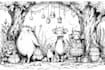 fantasy line art with creatures and vintage things