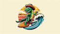 make unique dinosaur surfing logo with t  shirt concept