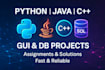 do python java c assignments, gui apps and sql database projects