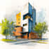 sketch architecture building with watercolor rendering