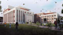 design unique institutional building,field,landscape,interior render,furnitures