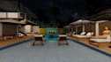 design poolside deck, resort, outdoor space, landscape rendering,layout plan,cgi