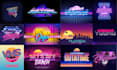 design 70s, 80s futuristic synthwave retro logo, typography with chrome effects