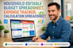 household editable budget spreadsheet, expense tracker, calculation spreadsheet