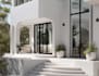 redesign 3d minimalist slant house,white brick facade,cozy stairs, cgi rendering