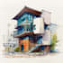 sketch architecture building with watercolor rendering