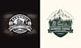 create hand drawn mountain sawmill emblem logo