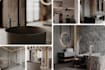 design a modern, luxury bathroom interior with products, realistic 3d render