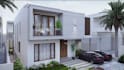 remodel contemporary cantilevered apartment backyard landscape, facade rendering